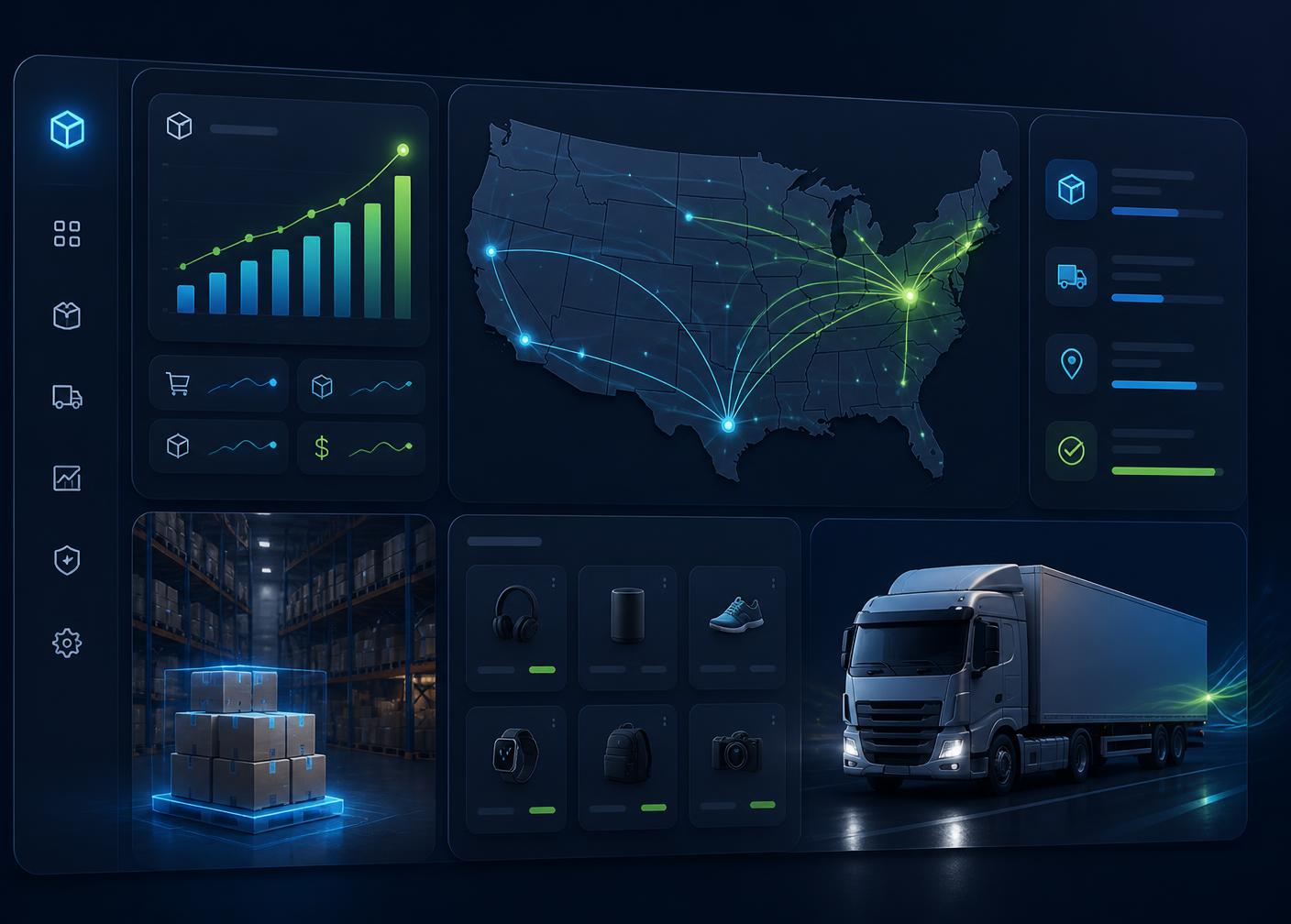 Handcrafted Veda LK warehouse dashboard showing US shipping routes, live order analytics, and same-day fulfillment